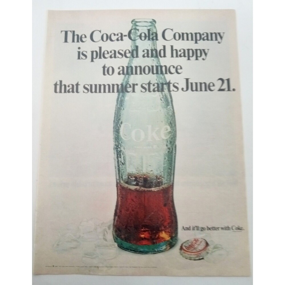 1969 Coca Cola Company Vintage PRINT AD Coke Bottle Drink Summer Announcement